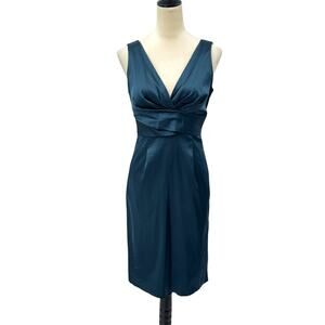 Donna Ricco Navy Teal Satin Pleated Bust Sleeveless Cocktail Bridesmaid Dress